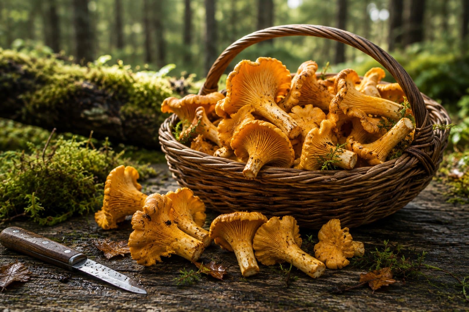 Kantarelleja korissa metsässä