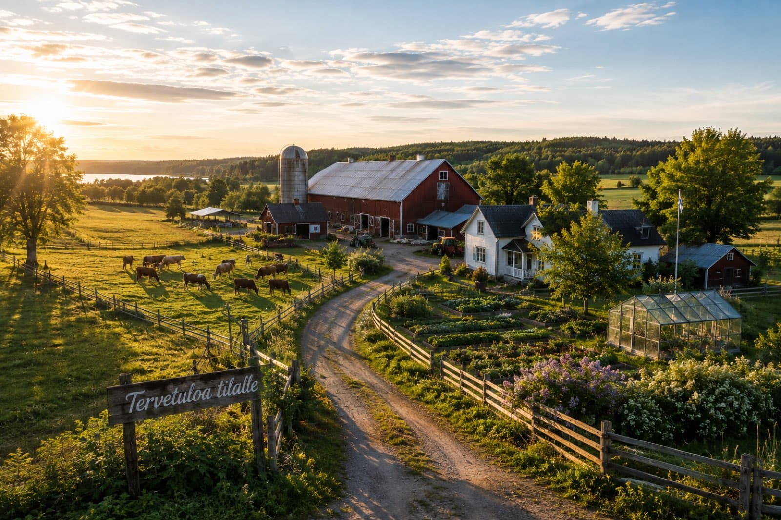 Suomalainen maatila kesäiltana, lehmiä laitumella
